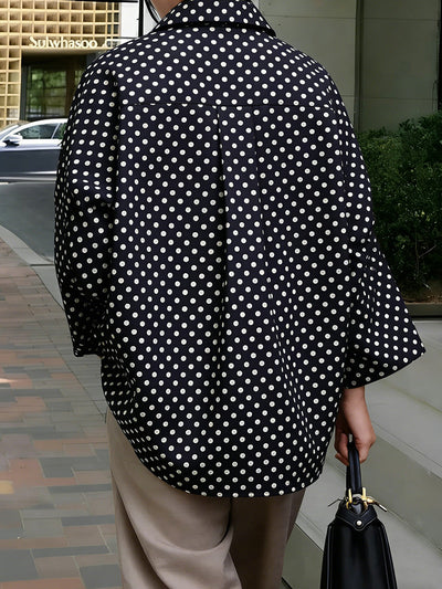 Long Sleeves Loose Buttoned Contrast Color Polka-Dot Split-Joint Lapel Blouses&Shirts Tops