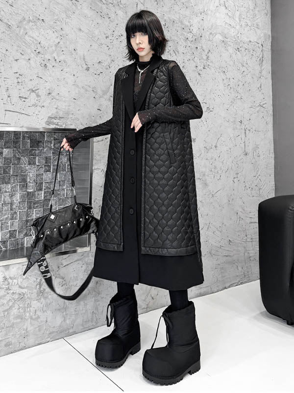 Loose Sleeveless Buttoned Plaid Pockets Solid Color Split-Joint Notched Collar Outerwear Padded Vest