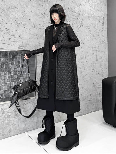 Loose Sleeveless Buttoned Plaid Pockets Solid Color Split-Joint Notched Collar Outerwear Padded Vest