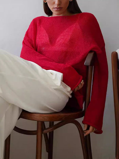 Long Sleeves Loose See-Through Solid Color Split-Joint Round-Neck Sweater Tops