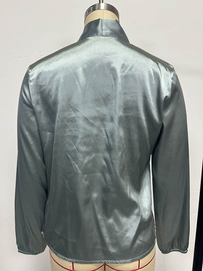 Long Sleeves Loose Bow-Embellished Pleated Solid Color Split-Joint Scarf Collar Blouses&Shirts Tops