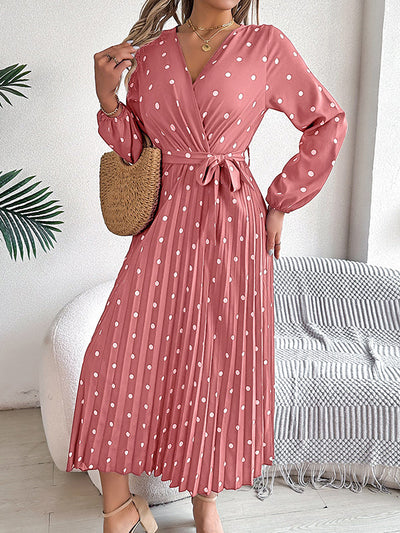 A-Line High Waisted Elasticity Pleated Polka-Dot Split-Joint Tied Waist V-Neck Midi Dresses Shirt Dress