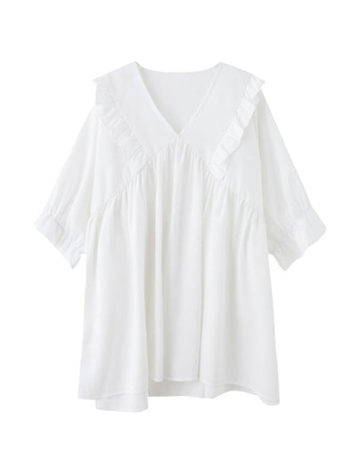 Loose Ruffle Sleeves Ruffled Solid Color Peter Pan Collar Blouses&Shirts Tops