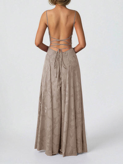 A-Line High Waisted Jacquard Pleated Solid Color Spaghetti-Neck Maxi Dresses