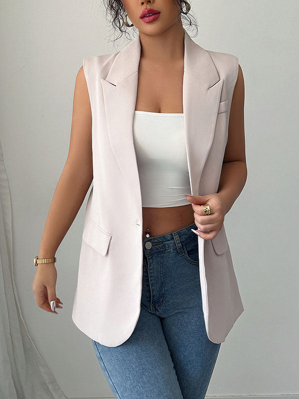 Loose Sleeveless Buttoned Pockets Notched Collar Blazer Vest Top