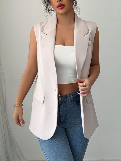 Loose Sleeveless Buttoned Pockets Notched Collar Blazer Vest Top