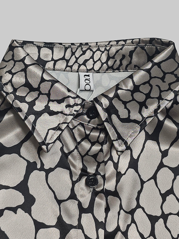 Long Sleeves Loose Buttoned Contrast Color Snakeskin Printed Lapel Blouses&Shirts Tops