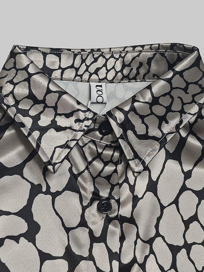 Long Sleeves Loose Buttoned Contrast Color Snakeskin Printed Lapel Blouses&Shirts Tops