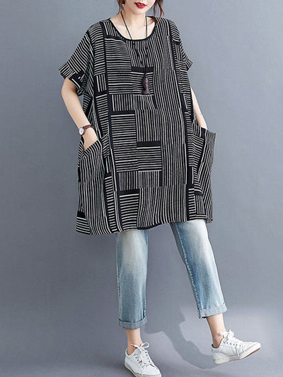 Loose Short Sleeves Striped Round-Neck T-Shirts