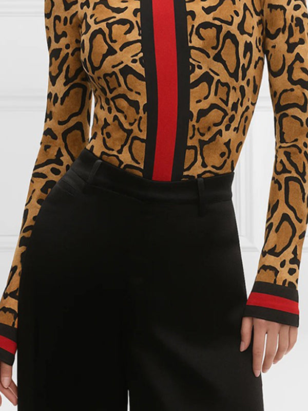 Long Sleeves Skinny Contrast Color Leopard High Neck T-Shirts Tops