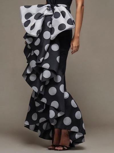 Skinny Sleeveless Bow-Embellished Pleated Polka-Dot Split-Joint Tube Maxi Dresses