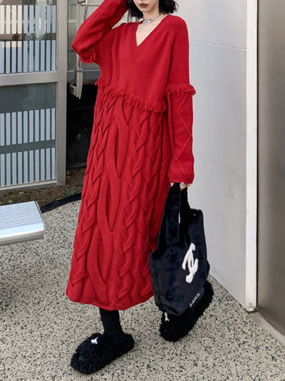 Long Sleeves Loose Solid Color Split-Joint Tasseled V-Neck Midi Dresses Sweater Dresses
