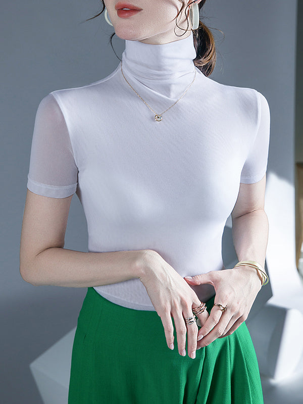 Half Sleeves Skinny Solid Color High Neck T-Shirts Tops