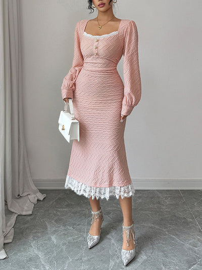 Bodycon High Waisted Lacy Pleated Solid Color Split-Joint Zipper Square-Neck Midi Dresses