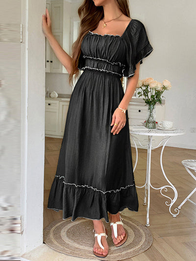 A-Line High Waisted Pleated Ruffle Trim Split-Joint Zipper Square-Neck Midi Dresses
