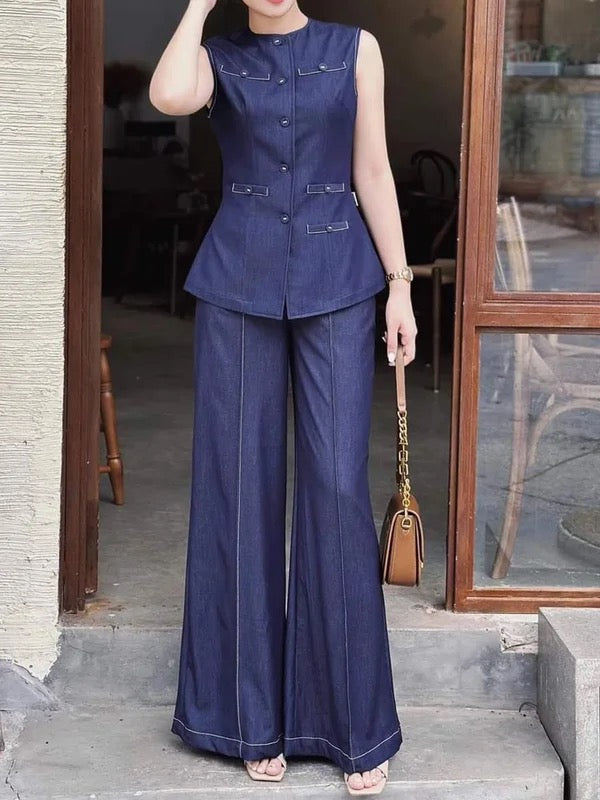 Loose Sleeveless Buttoned Pockets Solid Color Round-Neck Vest Top