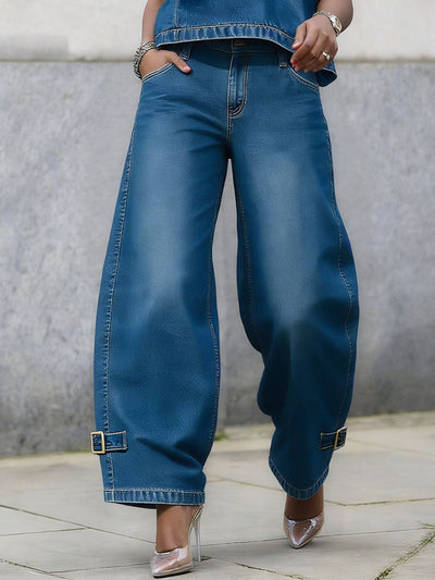 High Waisted Wide Leg Buckle Pockets Solid Color Jean Pants Bottoms