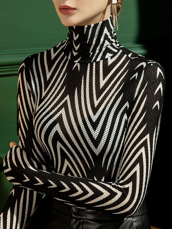 Long Sleeves Skinny Striped High-Neck T-Shirts Tops