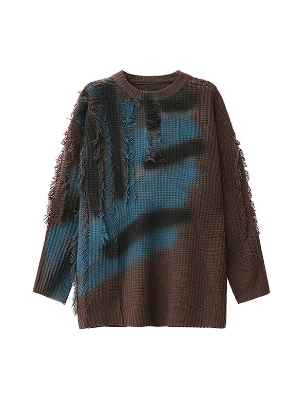 Irregularity Long Sleeves Abstract Printed Asymmetric Contrast Color Split-Joint Tasseled Round-Neck Sweater Tops