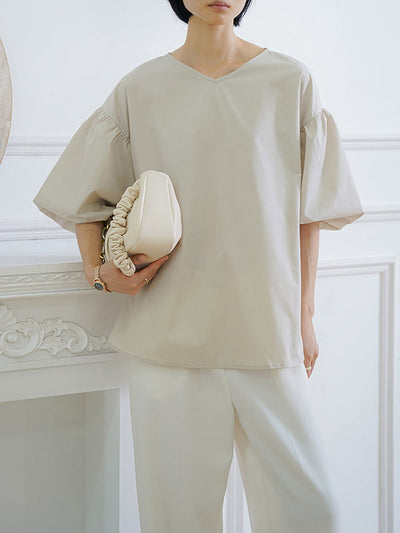 Half Sleeves Loose Solid Color V-Neck Blouses&Shirts Tops