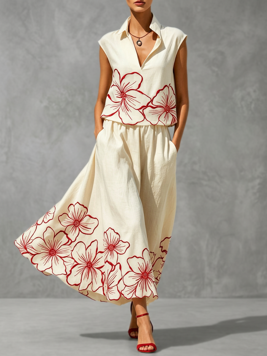 High Waisted Contrast Color Floral Printed Pleated Pockets Skirts Bottoms
