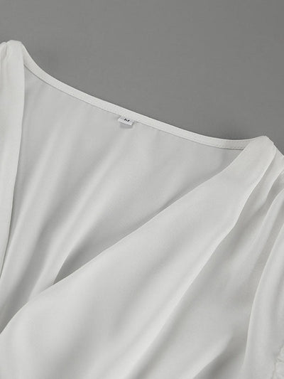 Loose Puff Sleeves Elasticity Pleated Solid Color Split-Joint V-Neck Blouses&Shirts Tops