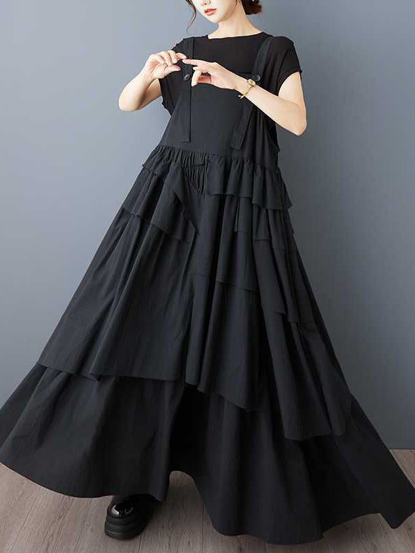 A-Line Loose Asymmetric Buttoned Pleated Spaghetti-Neck Maxi Dresses Suspender Dress