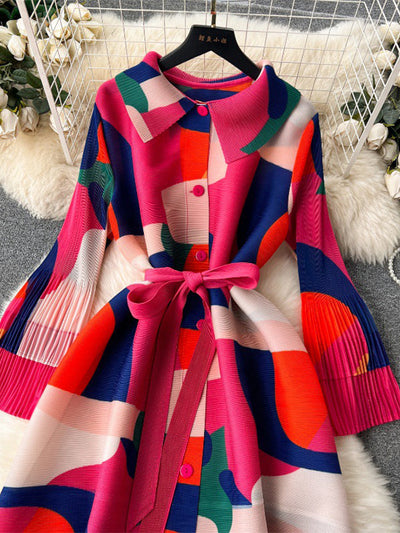 Flared Sleeves Loose Belted Contrast Color Pleated Midi Dresses