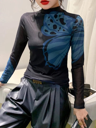 Long Sleeves Skinny Butterfly Print Split-Joint Mock Neck T-Shirts Tops
