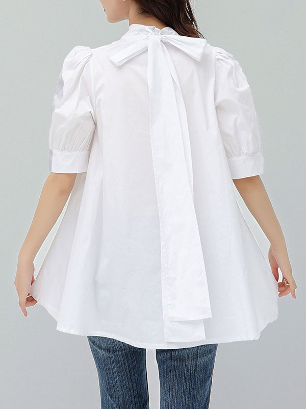 Casual Loose Bow-Embellished Solid Color Blouse