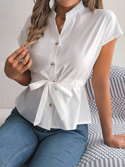 Short Sleeves Buttoned Comfort Solid Color Tied Waist Stand Collar Blouses&Shirts Tops