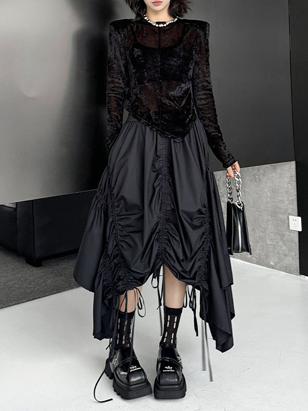 A-Line Elasticated Waist Asymmetric Drawstring Pleated Solid Color Skirts Bottoms