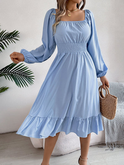 A-Line Elasticated Waist Pleated Ruffled Solid Color Square-Neck Midi Dresses