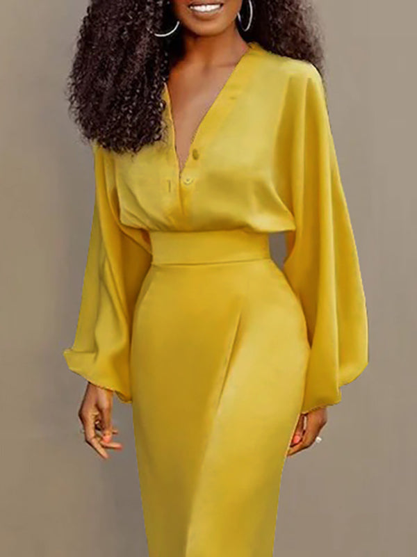 Long Sleeves Loose Buttoned Solid Color V-Neck Blouses&Shirts Tops