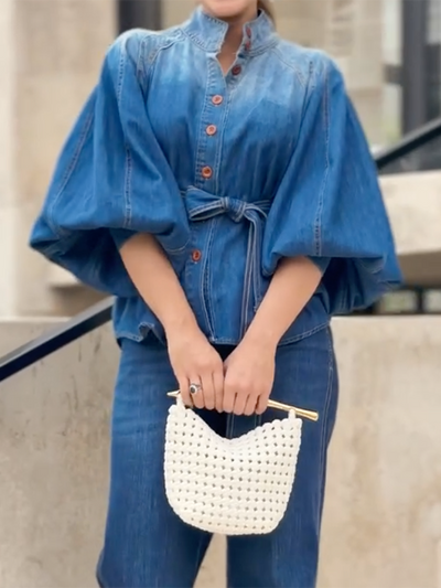 Half Sleeves Puff Sleeves Buttoned Gradient Tied Waist Stand Collar Blouses&Shirts Tops