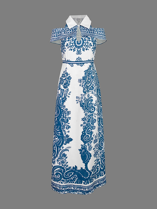 Bodycon High Waisted Flower Print Hollow Pockets Cold Shoulder Maxi Dresses