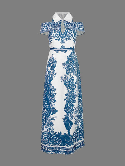 Bodycon High Waisted Flower Print Hollow Pockets Cold Shoulder Maxi Dresses