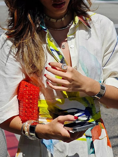 Half Sleeves Loose Asymmetric Printed Split-Joint Tied Waist Lapel Maxi Dresses Shirt Dress