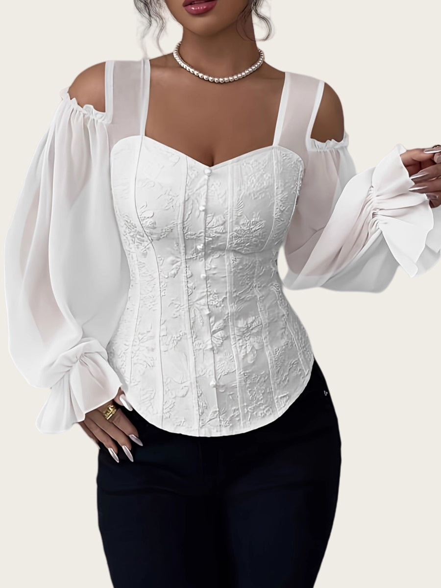 Flared Sleeves Long Sleeves Elasticity Hollow Jacquard Solid Color Split-Joint Cold Shoulder Blouses&Shirts Tops