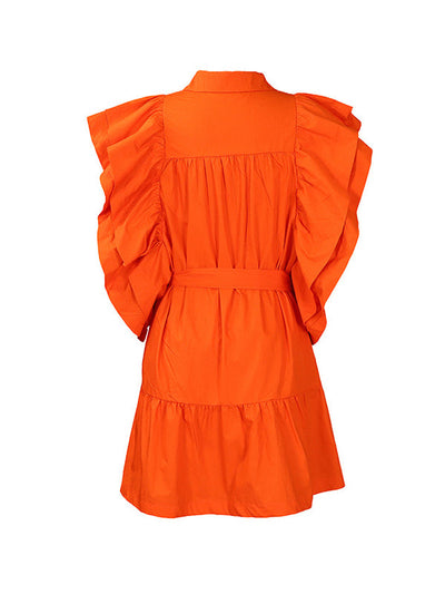 A-Line High Waisted Buttoned Pleated Ruffled Solid Color Tied Waist Lapel Mini Dresses