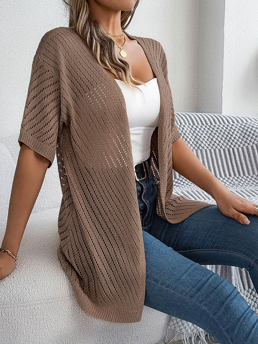 Half Sleeves Loose Hollow Solid Color Cardigan Tops