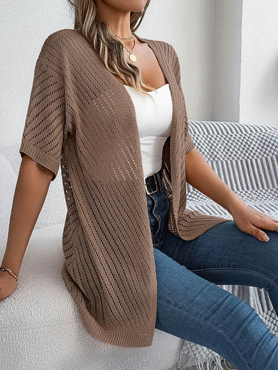 Half Sleeves Loose Hollow Solid Color Cardigan Tops