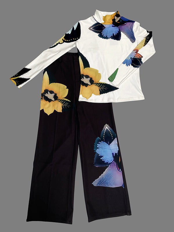 Long Sleeves Skinny Flower Print High Neck T-Shirts Tops