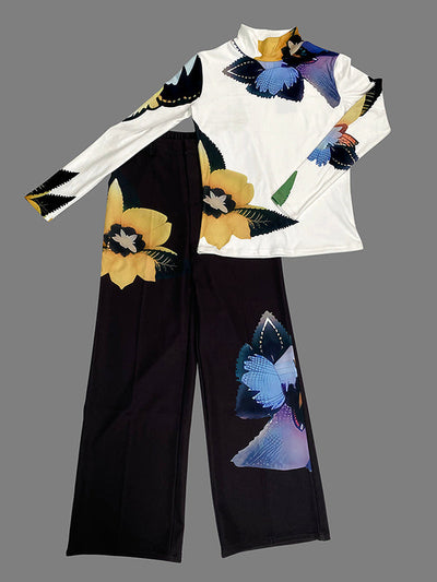 Long Sleeves Skinny Flower Print High Neck T-Shirts Tops