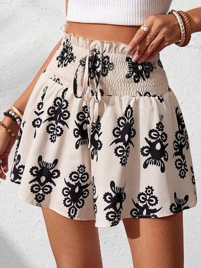Wide Leg Drawstring Elasticity Printed Split-Joint Shorts