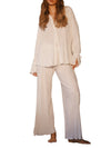 Flared Sleeves Long Sleeves Buttoned Drawstring Pleated Solid Color Split-Side Lapel Shirts Top + Pants Bottom Pajama Sets