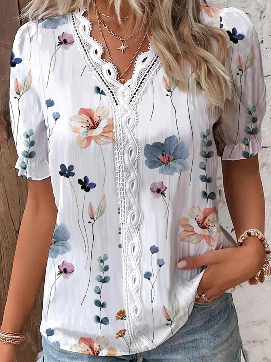 Loose Puff Sleeves Contrast Color Flower Print Hollow Pleated Split-Joint V-Neck Blouses&Shirts Tops