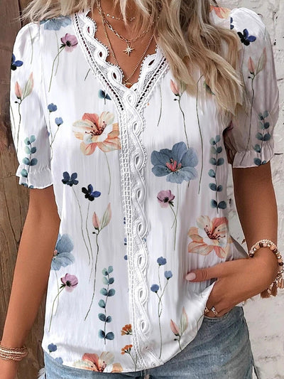 Loose Puff Sleeves Contrast Color Flower Print Hollow Pleated Split-Joint V-Neck Blouses&Shirts Tops