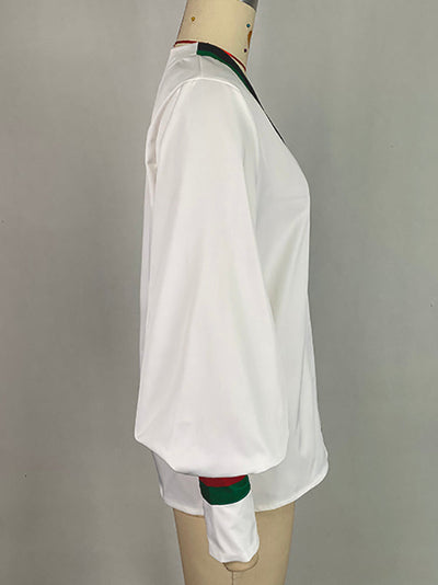 Long Sleeves Loose Contrast Color Pleated V-Neck Blouses&Shirts Tops