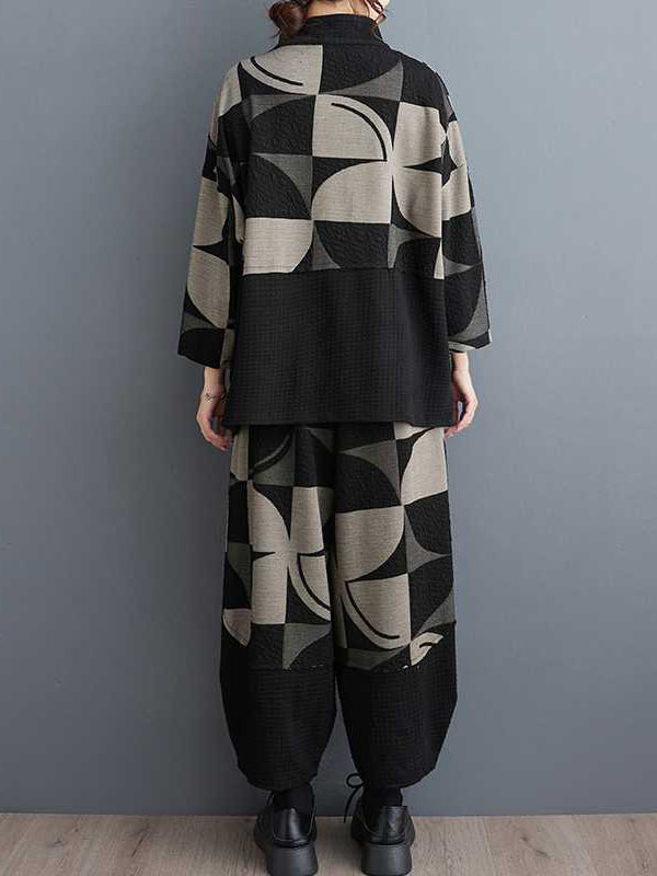 Long Sleeves Asymmetric Buttoned Printed Stand Collar Sweatshirt Top + Harem Pants Pants Bottom Two Pieces Set